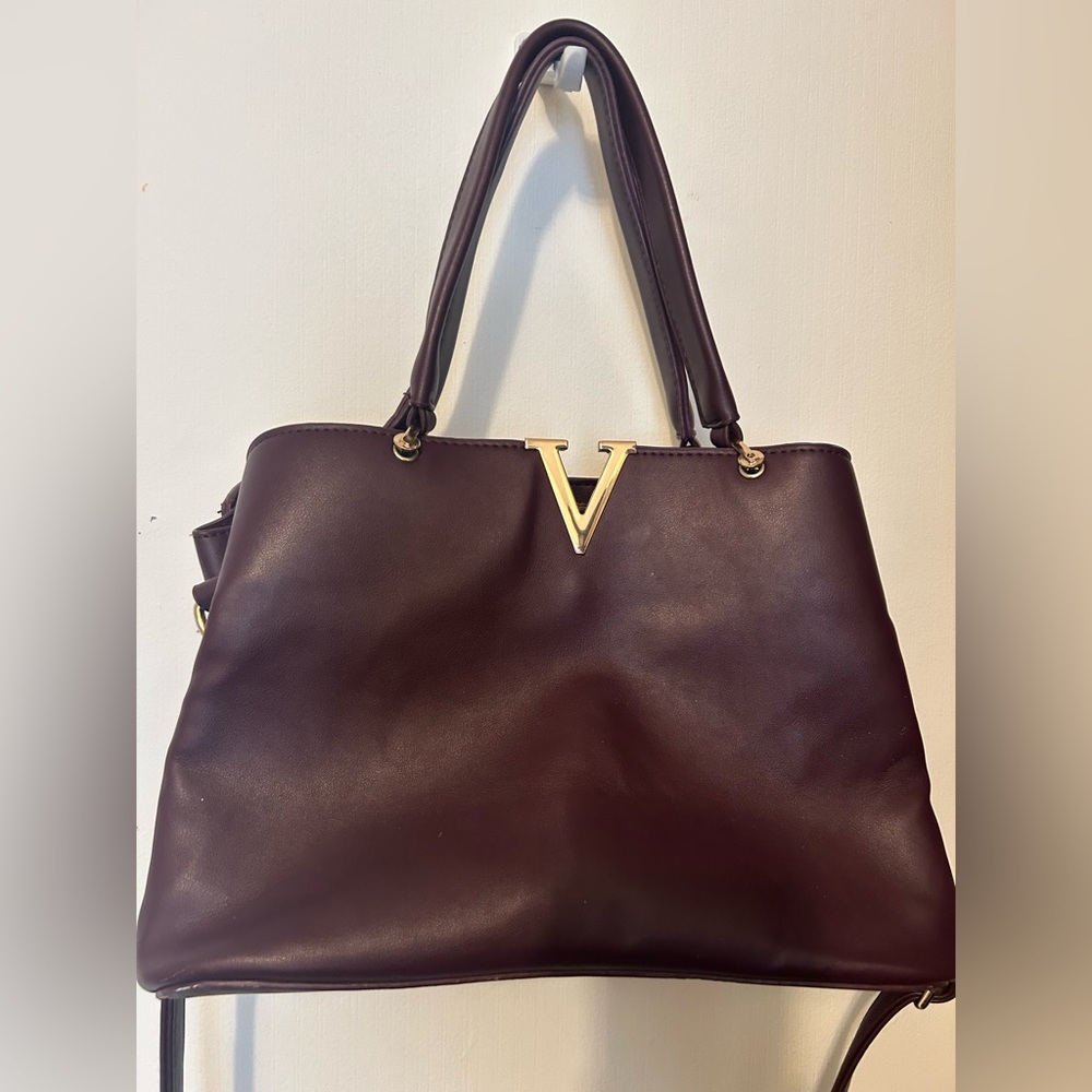 Burgundy Structured Satchel Bag Gold V Top Handle Crossbody Purse - Picture 3 of 12